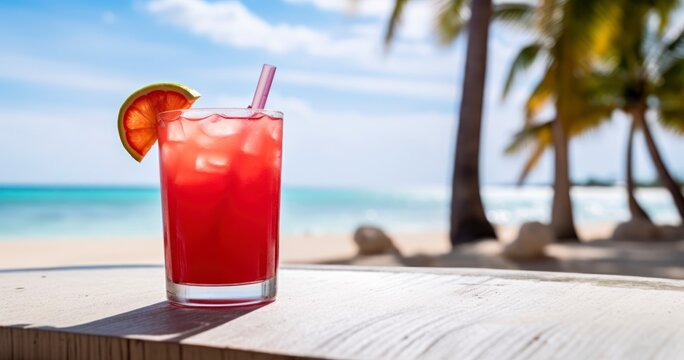 Seaside Splendor - Savoring a Red Cocktail Under the Shade of Palms. Generative AI
