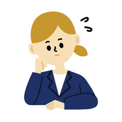 ビジネスパーソン　考える　困る　悩む　頬杖　女性　仕事　スーツ　イラスト	
