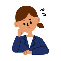 ビジネスパーソン　考える　困る　悩む　頬杖　女性　仕事　スーツ　イラスト	

