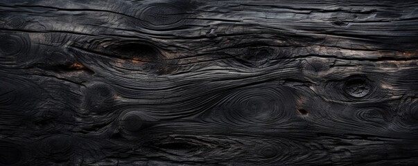 Burnt wood texture background, wide banner of charred black timber. Abstract pattern of dark...