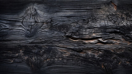 Burnt wood texture background, weathered charred black timber. Abstract pattern of dark scorched tree. Concept of charcoal, smoke, coal, grill, embers, fire, barbecue, grunge