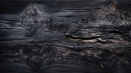 Rolgordijnen Burnt wood texture background, weathered charred black timber. Abstract pattern of dark scorched tree. Concept of charcoal, smoke, coal, grill, embers, fire, barbecue, grunge © scaliger