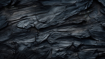 Burned wood texture background, black charcoal close-up. Abstract charred timber, pattern of dark scorched tree. Concept of smoke, coal, grill, embers, barbecue, firewood, fire