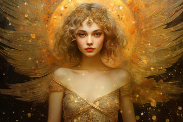 Young woman like Virgo zodiac sign in gold confetti against night sky