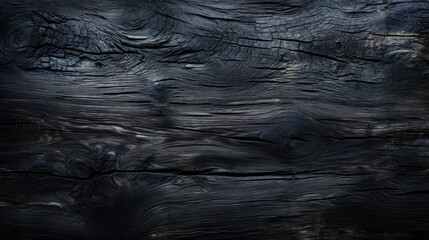 Burnt wood texture background, weathered charred black timber. Abstract pattern of dark scorched tree. Concept of charcoal, smoke, coal, grill, embers, fire, barbecue
