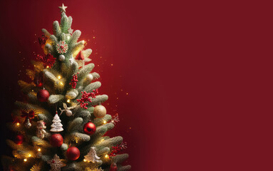 Christmas tree with ornaments for decorations on a red background. Copy space for text, advertising, banner, presentation.