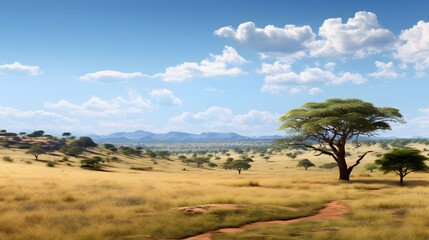 Vast savanna dotted with acacia trees, where graceful wildlife roams freely against a backdrop of boundless skies. Generative Ai.NO.04