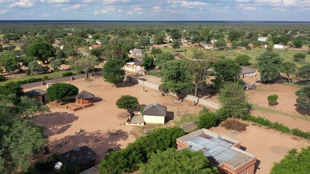 aerial view of an typical african village in southern africa, botswana dry landscape and developments in the rural area