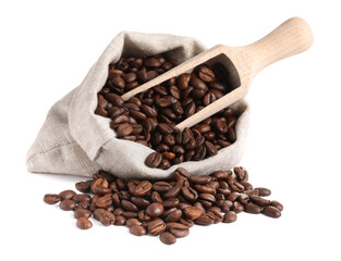 Fototapeta premium Bag and wooden scoop with roasted coffee beans isolated on white