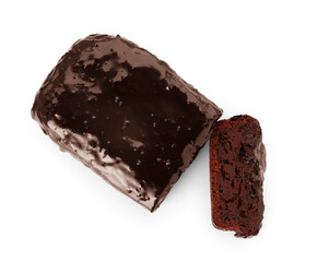 Delicious chocolate sponge cake isolated on white, top view