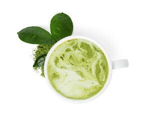 Cup of fresh matcha latte, green powder and leaves on white background, top view