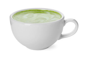 Cup of fresh matcha latte isolated on white