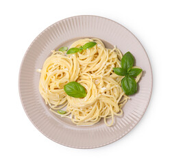 Delicious pasta with brie cheese and basil leaves on white background, top view
