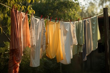 clothes hanging out to dry on a line outside, in the sun