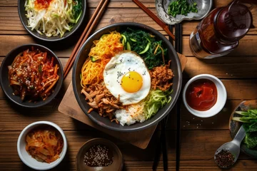 Fotobehang AI generated illustration of a variety of fresh, delicious Korean food including kimchi and bibimbap © Wirestock