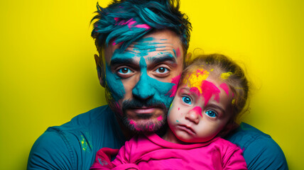 A father tenderly holds his child, covered in vivid paint splatters, surrounded by a colorful background. This moment conveys the concept of parenthood and deep love for one's offspring.