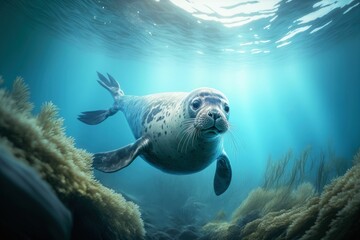 AI generated illustration of a gray seal swimming gracefully in an underwater environment - obrazy, fototapety, plakaty