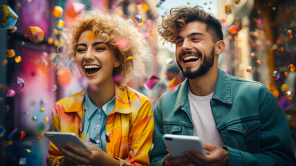A young couple captures moments on their phones at a vibrant futuristic street party, surrounded by colorful confetti falling from the sky. - obrazy, fototapety, plakaty