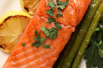 Tasty grilled salmon with asparagus and lemon, top view