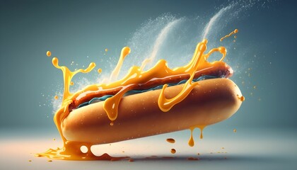 AI generated illustration of a traditional hot dog sandwich covered in a layer of yellow mustard