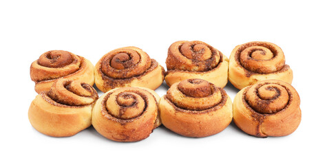 Many tasty cinnamon rolls isolated on white