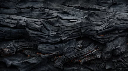 Foto op Plexiglas Brandhout textuur Burnt wood texture background, black charcoal close-up. Abstract charred timber, pattern of dark scorched tree. Concept of smoke, coal, grill, embers, barbecue, fire, firewood
