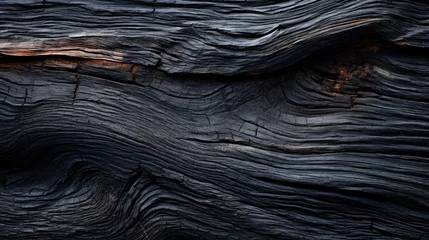 Zelfklevend Fotobehang Burnt wood texture background, structure of scorched black timber. Abstract pattern of dark charred tree. Concept of charcoal, smoke, coal, grill, embers, fire, firewood, barbecue © karina_lo