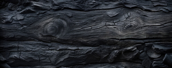 Burned wood texture background, wide banner of charred black timber. Abstract pattern of dark scorched tree. Concept of charcoal, smoke, coal, grill, embers, fire, barbecue, grunge
