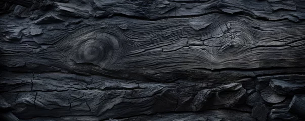 Rolgordijnen Burned wood texture background, wide banner of charred black timber. Abstract pattern of dark scorched tree. Concept of charcoal, smoke, coal, grill, embers, fire, barbecue, grunge © karina_lo