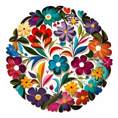 AI generated illustration of a vibrant, traditional brazilian floral pattern within a circular frame