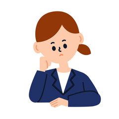 ビジネスパーソン　考える　困る　悩む　頬杖　女性　仕事　スーツ　イラスト	
