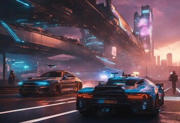 AI generated illustration of a cars illuminated by the lights of a futuristic metropolis at night