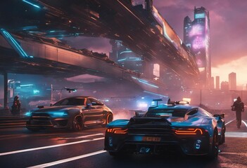 Fototapeta premium AI generated illustration of a cars illuminated by the lights of a futuristic metropolis at night