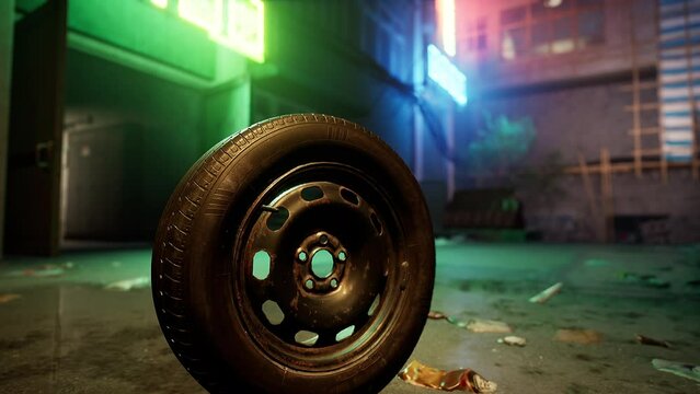 A close-up of a tire on the ground