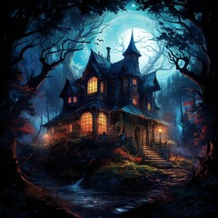 AI generated illustration of A haunted house in the dark forest