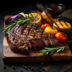 cooked steak and vegetables on a wooden cutting board with knife