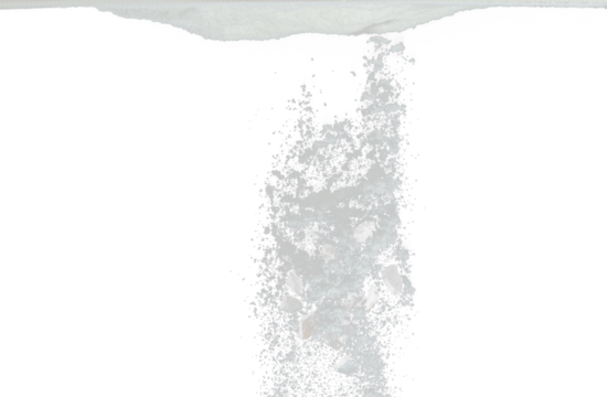 Rock stone construction object under snow on roof. Dangerous rock stone object hidden in snow. Snow fall with risk accident hazard cover trash garbage debris. Black background isolated