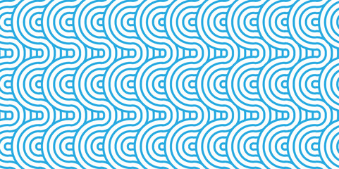 Fototapeta na wymiar Abstract geometric ocean spiral pattern circle wave lines. Seamless blue ornament art fabric and tile stripe geomatics overlapping create retro square backdrop pattern background. Overlapping Pattern.