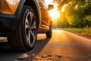 Sunset in the city, the headlights of approaching car on the highway. Close up view from the road level from the wheel of the car
