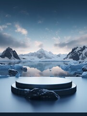 mockup of a podium that stands on a iceberg for a product presentation, on background cold snow-capped mountains and ice, generative ai - obrazy, fototapety, plakaty