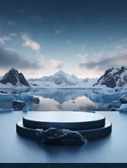 Fotobehang mockup of a podium that stands on a iceberg for a product presentation, on background cold snow-capped mountains and ice, generative ai © Nia™