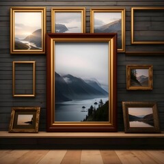 AI generated illustration of a wall adorned with wooden frames with paintings
