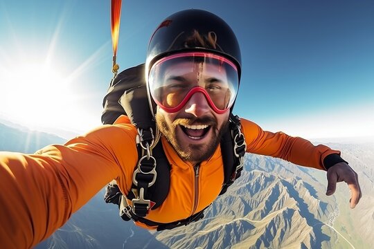 Extreme sport. Men in skydiving suit and goggles. Extreme sport.