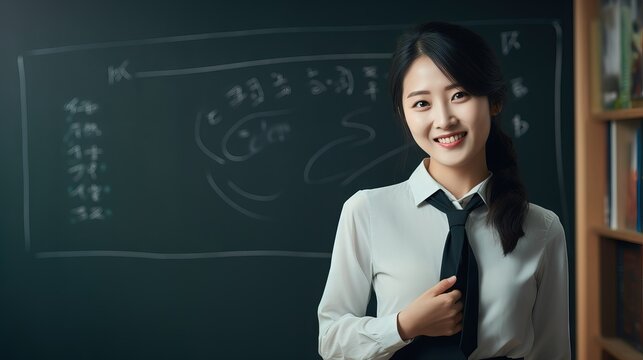 A Female Chinese Teacher in front of chalkboard Generative AI
