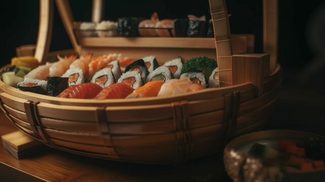 AI generated illustration of a basket filled with  an assortment of sushi