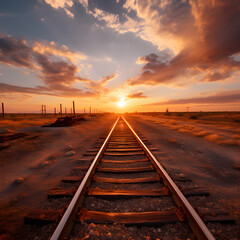 Railroad track with the sunset in the distance 