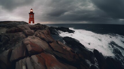 AI generated illustration of a red lighthouse located at a rocky shore on a stormy and cloudy day