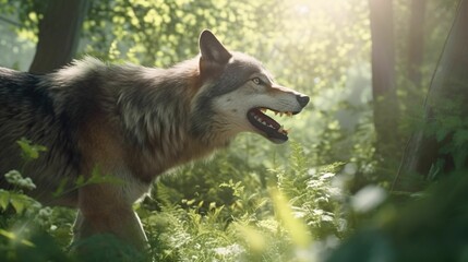 AI generated illustration of a majestic gray wolf in a sun-dappled forest
