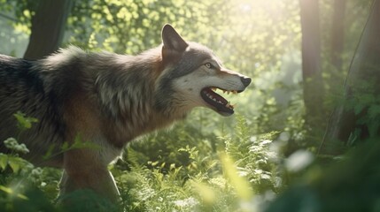 Obraz premium AI generated illustration of a majestic gray wolf in a sun-dappled forest