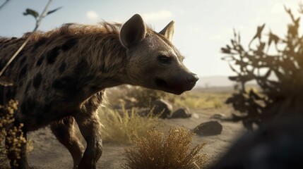 AI generated illustration of a hyena in a dusty, barren landscape